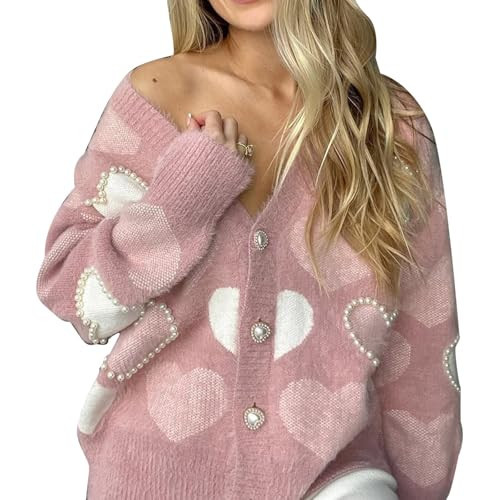 CHICWISH Women Fuzzy Pearl Heart Knit Cardigan Romantic V Neck Button Long Sleeve Valentines Holiday Soft Sweater Cardigans Pink | Amazon (US)