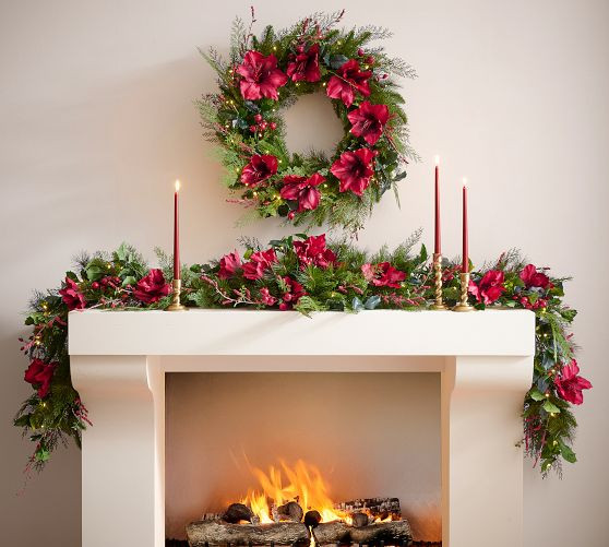Lit Mixed Amaryllis Wreath - 32"Diam | Pottery Barn CA