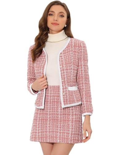 Allegra K Business Suit Set for Women's 2 Piece Outfits Plaid Tweed Easter Short Blazer Jacket and Skirt Sets Large Pink | Amazon (US)