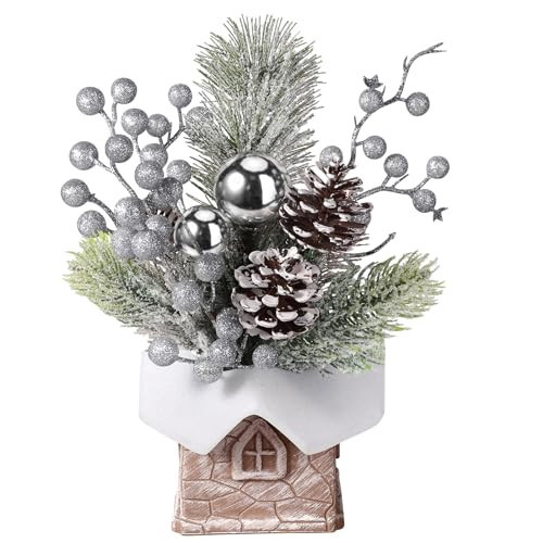 hatisan Small Christmas Tree, Artificial Christmas Tree with Christmas Ornaments Pine Cone Berry, Tabletop Christmas Tree for Christmas Decorations Home Room Party Winter Indoor Outdoor (Silver-Room) | Amazon (US)