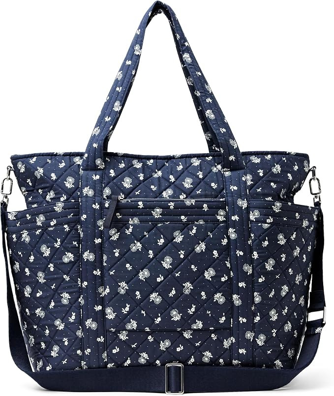 Amazon Essentials Women's Quilted Cotton Travel Tote Bag, Navy Floral, One Size | Amazon (US)