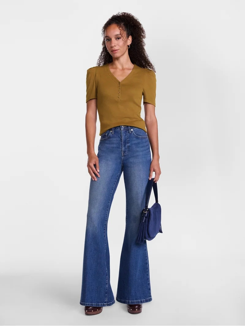 Scenario Women's V-Neck Henley Top with Short Puff Sleeves, Sizes XS-XXXL | Walmart (US)