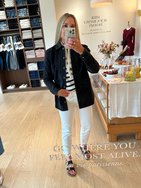 Sezane fall new arrivals! Will jacket, white straight leg jeans, striped sweater, fall style, work outfit, French style, Paris style 

#LTKworkwear #LTKover40 #LTKstyletip