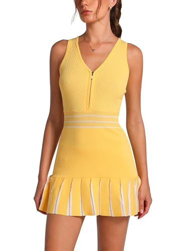 ABOCIW Tennis Dresses for Women with Shorts Half Zip Knit Colorblock PleatedAthletic Dress Sleeveless Exercise Active Workout Golf Dresses Yellow Small | Amazon (US)