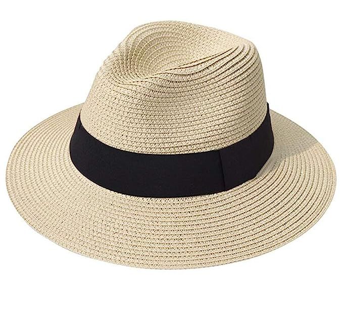 Lanzom Women Wide Brim Straw Panama Roll up Hat Fedora Beach Sun Hat UPF50+ | Amazon (US)