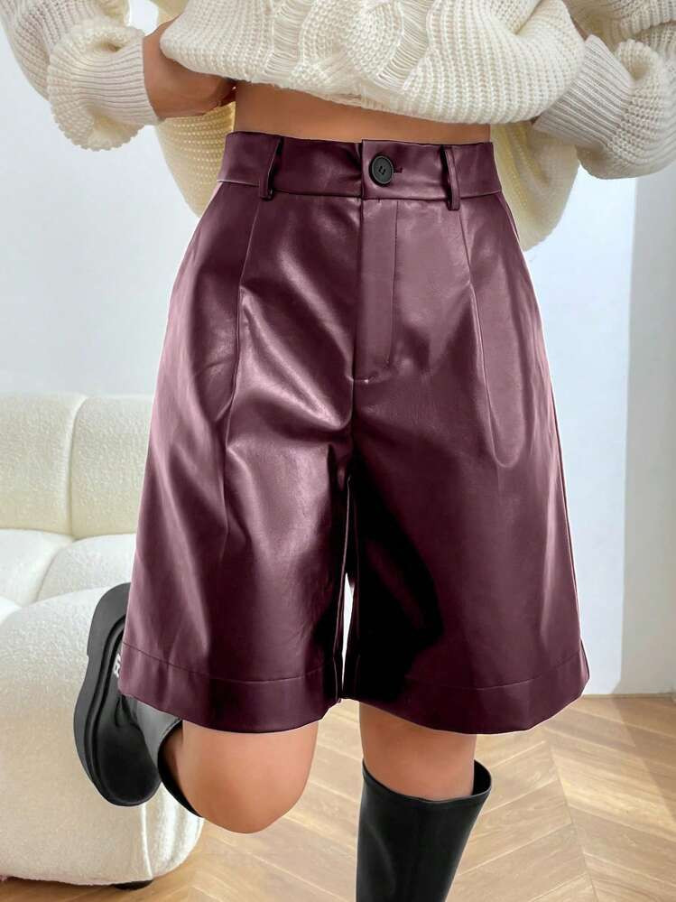 SHEIN EZwear 1pc Women's Minimalist Front Button PU Bermuda Shorts Casual Daily Wear | SHEIN