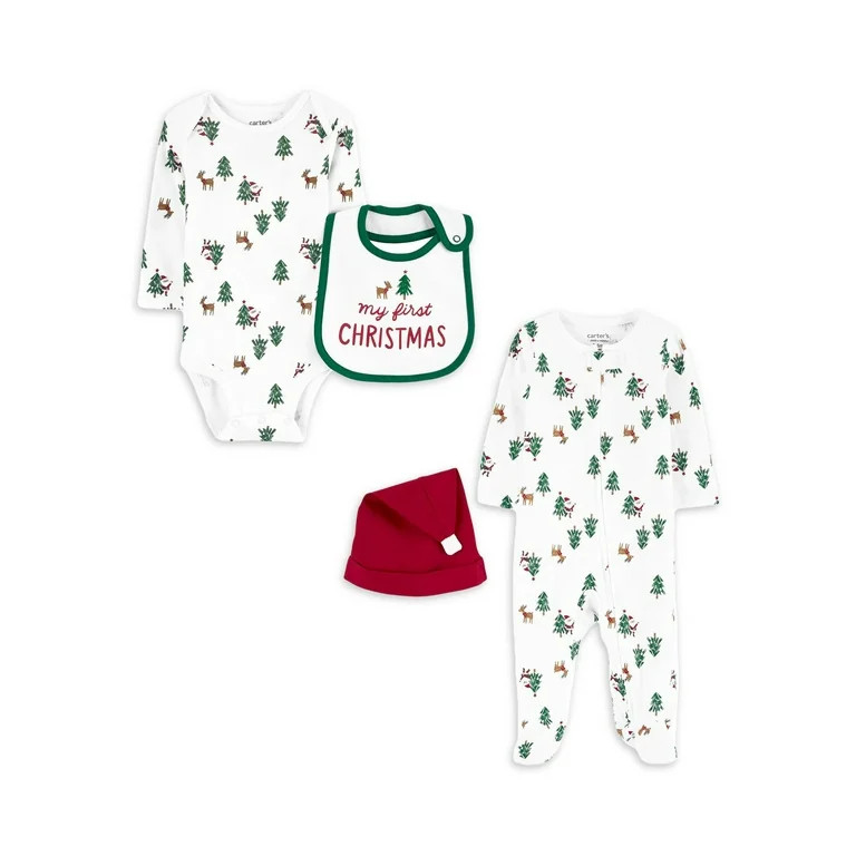 Carter's Child of Mine Baby Unisex, Christmas Bodysuit and Bib Set, Sleep N Play and Hat, 4-Piece... | Walmart (US)