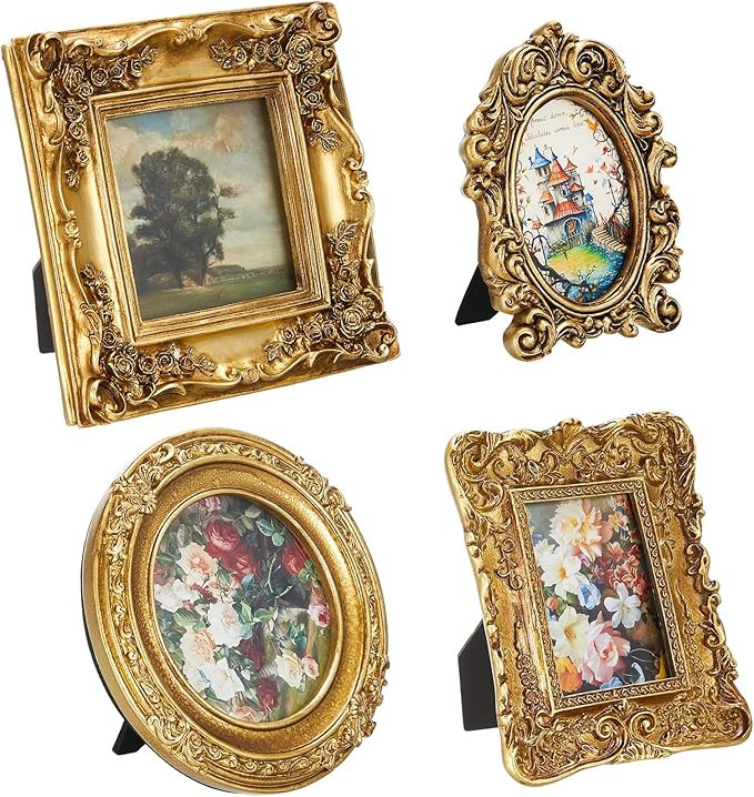 Qunclay 4 Pcs Small Vintage Picture Frame Round Rectangle Gold Ornate Antique Picture Frames for ... | Amazon (US)