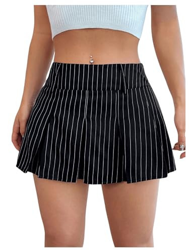 MakeMeChic Women's Casual Striped High Waist Pleated Skater Skirt Zipper Fly Mini Short Skirts Black and White X-Small | Amazon (US)