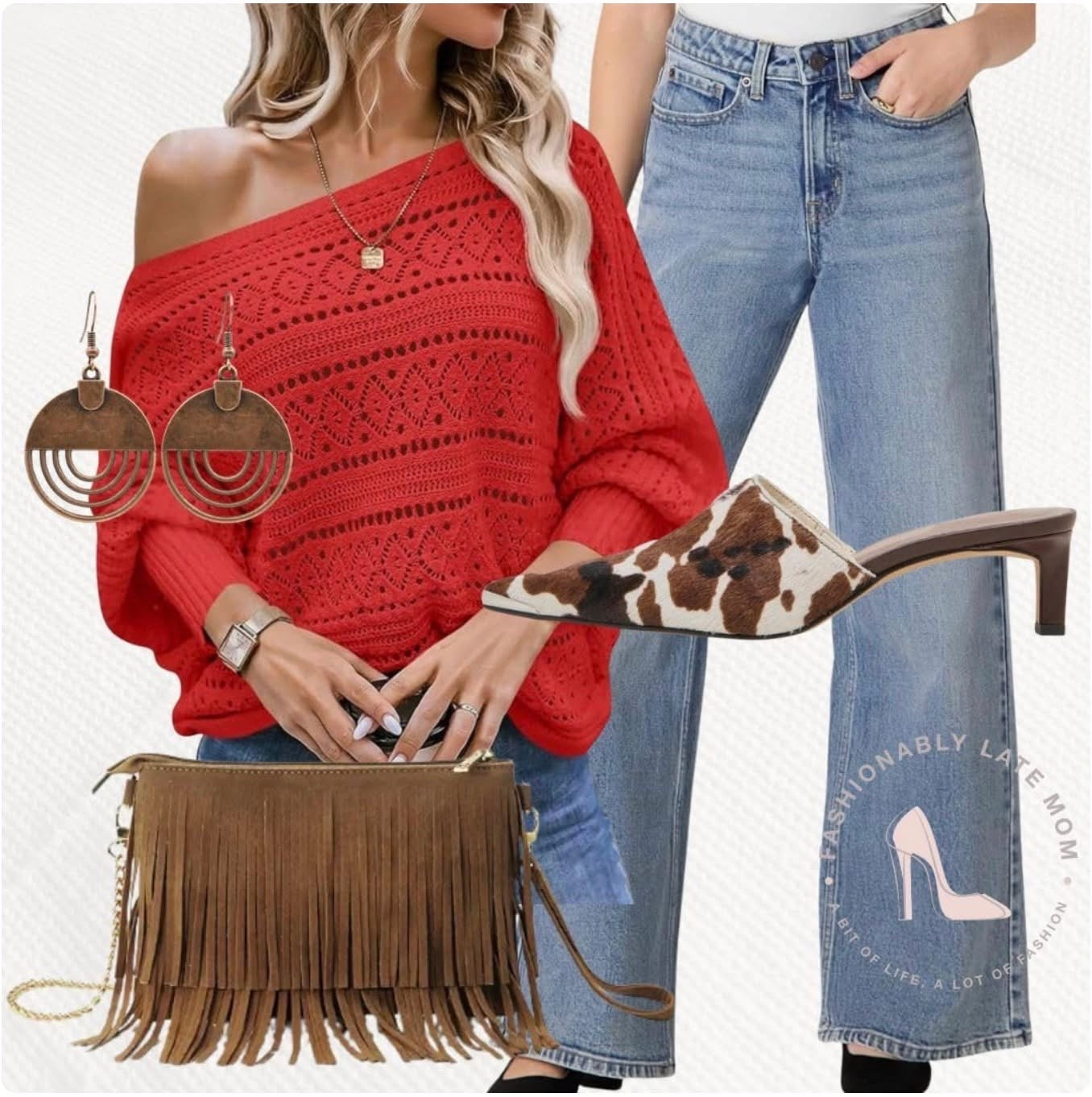 Fall outfits ideas. 

Fashionablylatemom. 
Women’s clothing. 
Red sweater. 
Off the shoulder sweater. 
Fall sweater. 
Red womens top. 
Kitten heels. 
Womens shoes. 
Women’s heels. 
Pointed toe. 
Cow print heels. 
Women’s denim pants. 
Wide leg jeans. 
Women’s jeans. 
High rise pants. 
Low stretch jeans. 
Boho earrings. 
Teardrop earrings. 
Handmade copper boho earrings. 
Women’s bag. 
Fringe crossbody bag. 
Women’s purse. 
Small shoulder bag. 
Trending outfits.
Fall outfits. 
Fun outfit ideas. 

#LTKSeasonal #LTKStyleTip #LTKShoeCrush