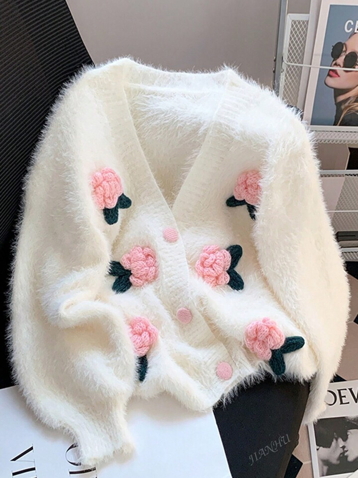 JIANHU Lente Nieuwe Fuzzy Cardigan Dames Geborduurde Vintage Geknoopte V-Hals Gebreide Trui Stijlvolle Bovenkleding | SHEIN