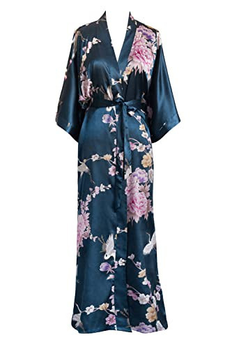 OLDSHANGHAI Luxury Kimono Robe for Women | Long Floral Robe | Chrysanthemum & Crane Navy | Original Design | Removable Waist Tie Closure | Soft Lightweight Fabric | Amazon (US)