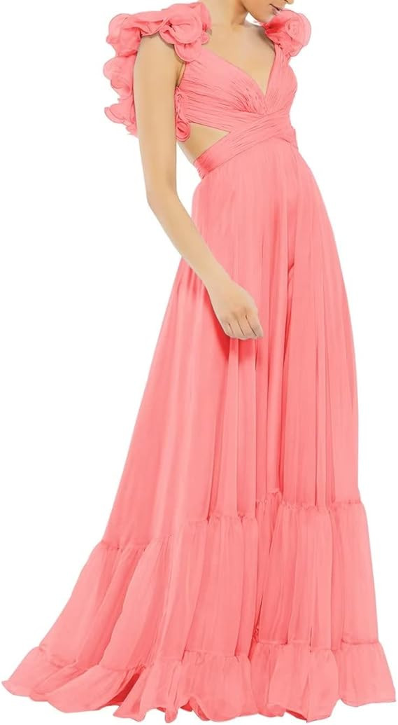 Lawrncedw Chiffon Ruffle Prom Dresses for Women V Neck Long Bridesmaid Dresses Backless Formal Ev... | Amazon (US)