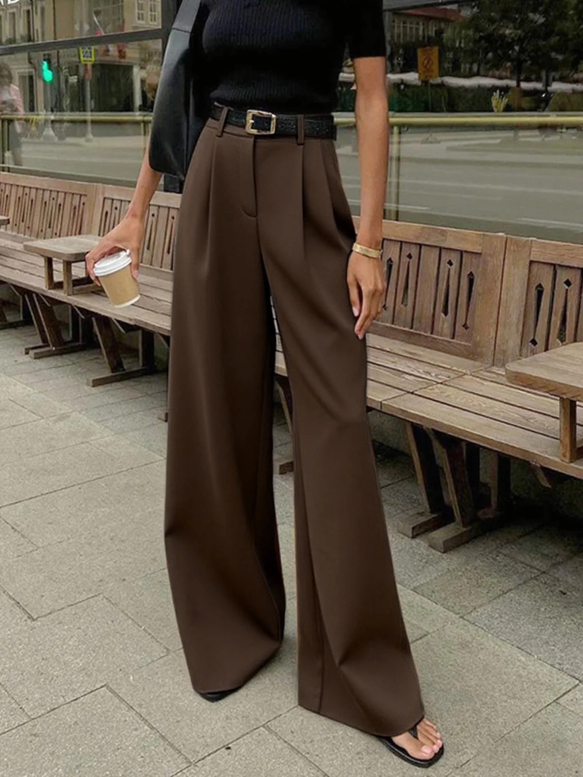 Solid Wide Leg Pants Without Belt | Commense