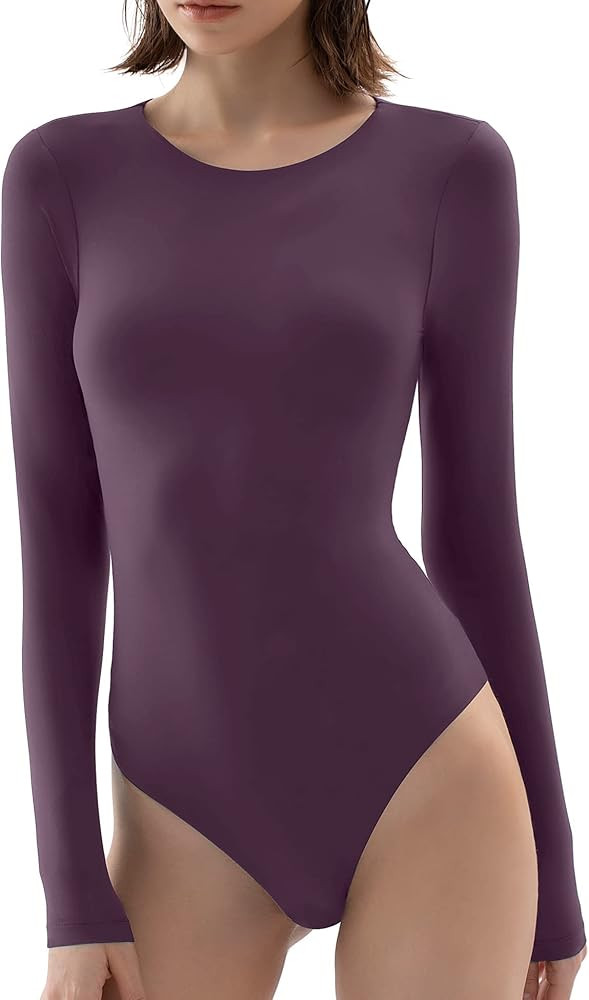 PUMIEY Women's Crew Neck Long Sleeve Bodysuit Second-skin Feel Tops Sexy Body Suits Women Clothin... | Amazon (US)