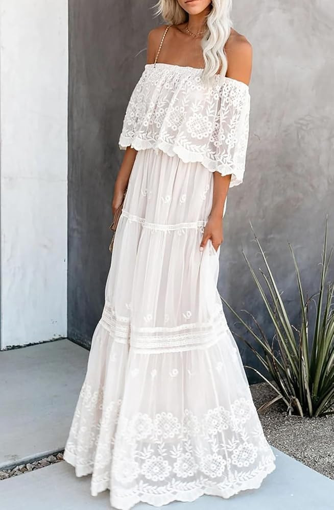 MERMAID'S CLOSET Women's Casual Off Shoulder Lace Maxi Dress Boho White Bridesmaid Wedding Evenin... | Amazon (US)
