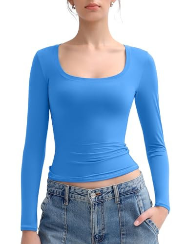 PUMIEY Long Sleeve Shirts for Women Scoop Neck Slim Fit Going Out Tops Double Lined Basic Tee, Pool Medium | Amazon (US)
