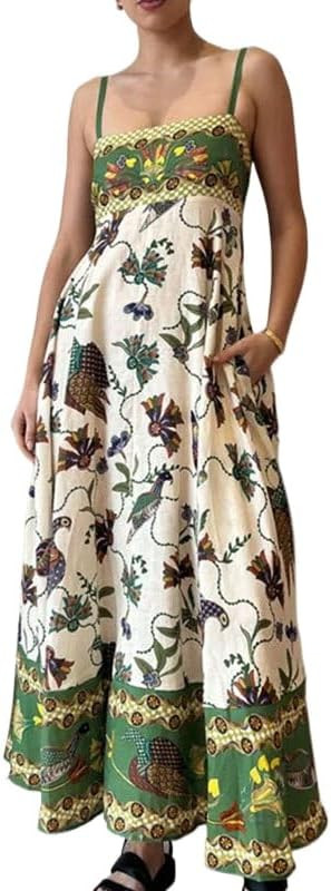 Women’s Summer Maxi Dresses 2025 Floral Graffiti Cami Spaghetti Strap Square Neck Sleeveless Bo... | Amazon (US)