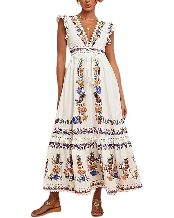 Women's V Neck Cap Sleeve Vacation Maxi Dress Fruit Floral Print Elastic Waist Summer Casual Long... | Amazon (US)