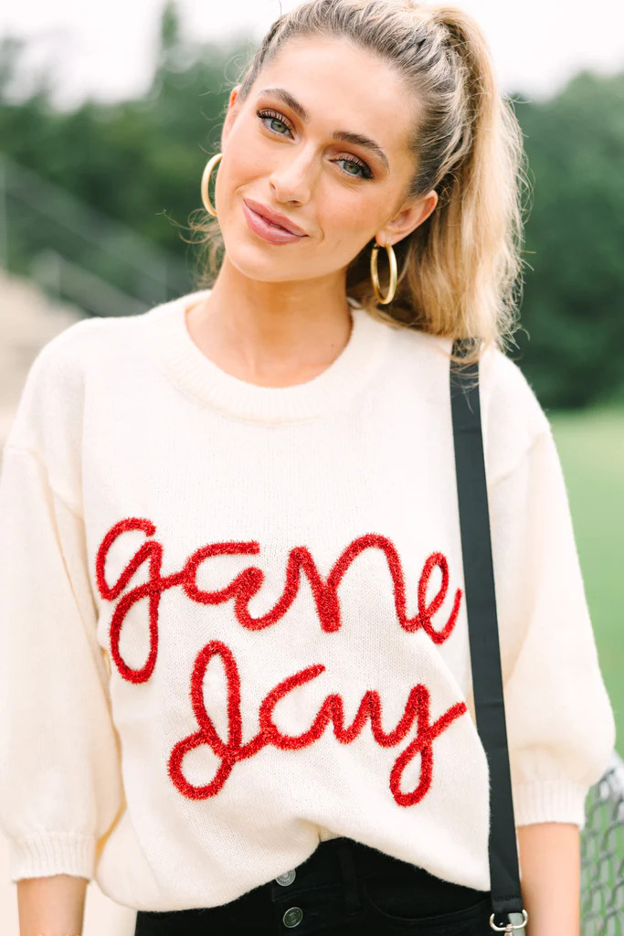 It's Game Day Ivory/Red Puff Sleeve Sweater | The Mint Julep Boutique