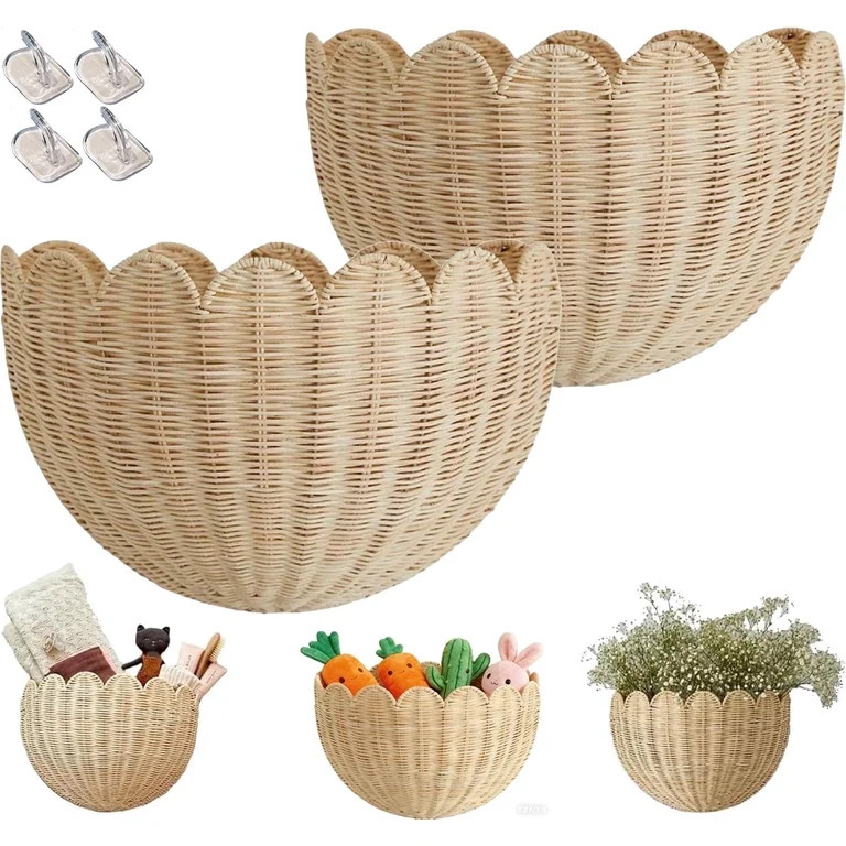 Hand Woven Rattan Wall Baskets, Scalloped Wicker Hanging Basket with Metal Frame & Hook, Minimali... | Walmart (US)