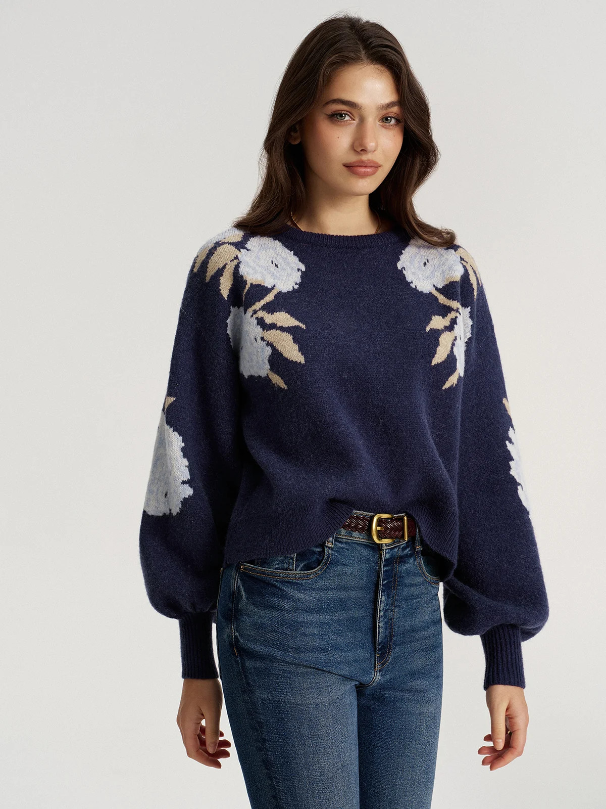 Floral Jacquard Balloon Sleeve Knit Top | Commense