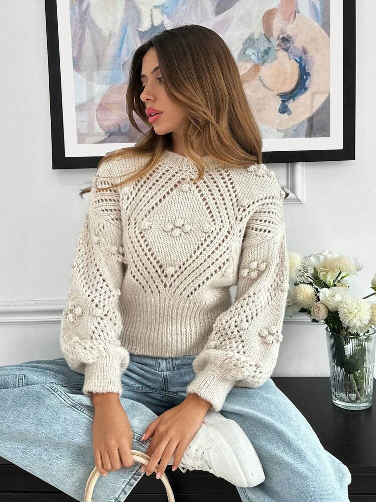 SHEIN Hollow Out Ponpon Trim Cute Pullover | SHEIN