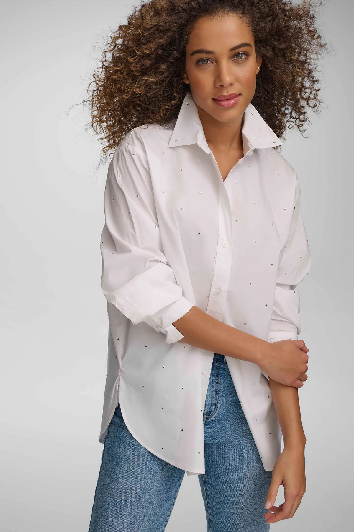 RHINESTONE BUTTON FRONT SHIRT | DKNY