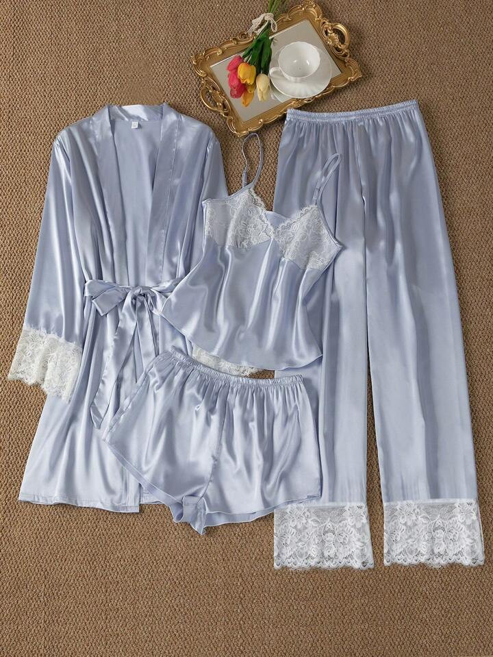 4pcs Women's Sleepwear Set Pajama Set- Contrast Color Lace Trimmed Cami Top, Shorts, Pants And Ro... | SHEIN