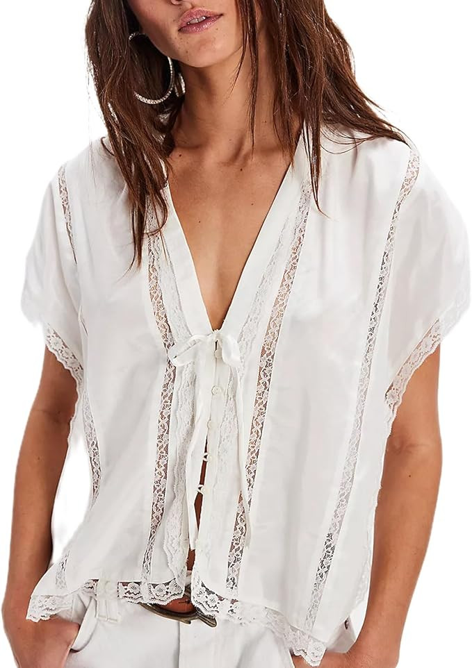 Women Lace Sheer Tank Tops Cropped Tie Strap Button Up Lace Trim Patchwork Cami Vest Cute Y2K Sum... | Amazon (US)