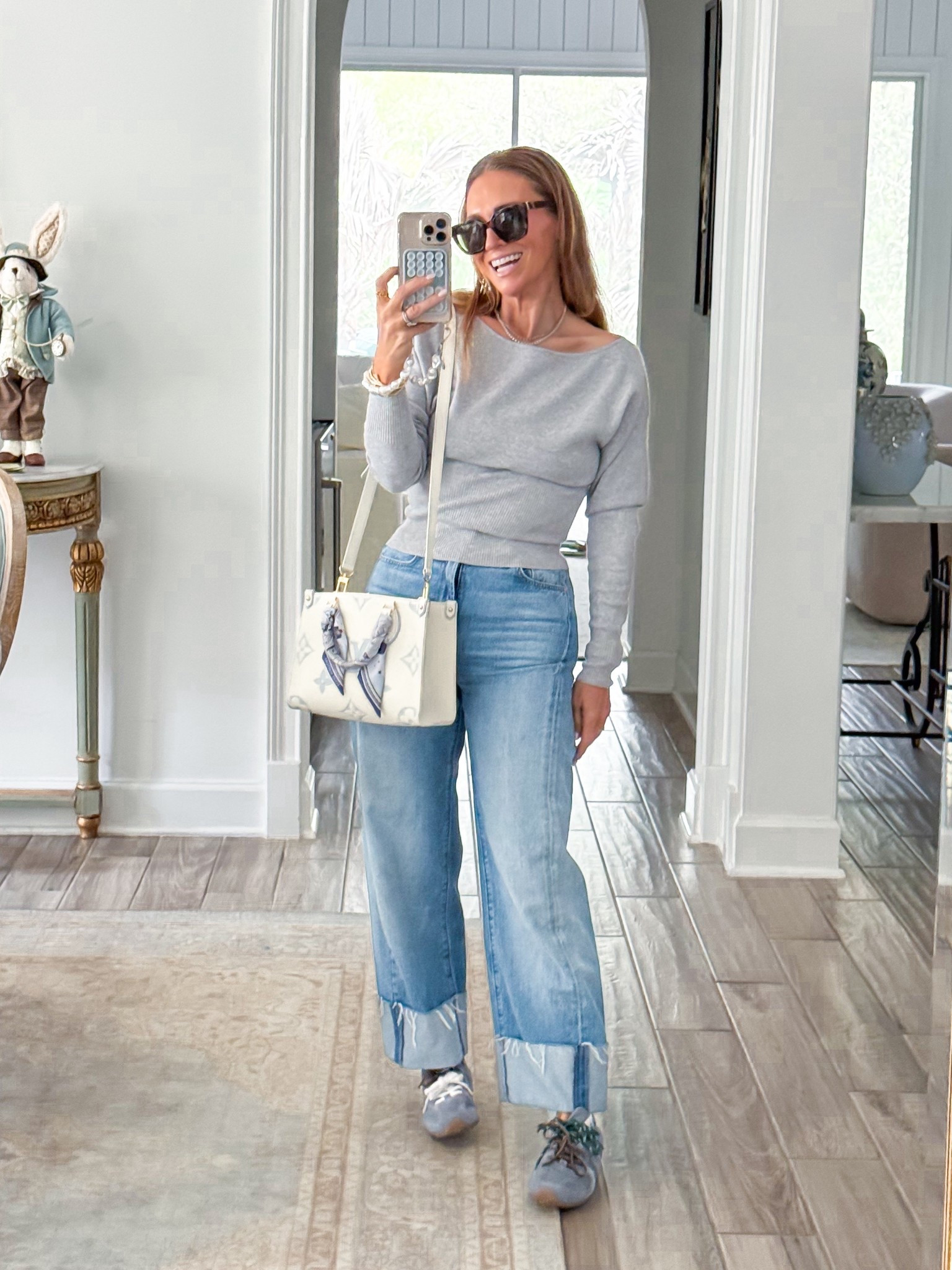OOTD in the softest Aritzia off the shoulder boatneck sweater. Mother denim. Miu Miu x New Balance sneakers + Louis Vuitton handbag. YSL sunglasses I won’t stop wearing, they fit perfectly and never slip. 

This sweater comes in pastel for spring and I def need one! 

True to size. I’m wearing XS in the sweater, 25 in the jeans, and shoes are true to size  

#LTKootd #LTKPetite #LTKmomlife
