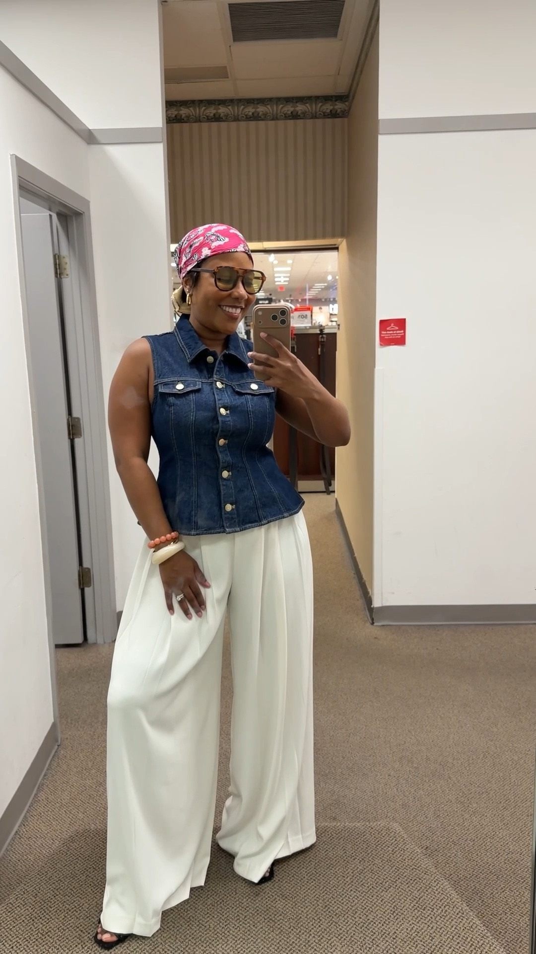 Chic spring outfit wearing medium in vest and size 6 in pants (can size down as they are wide leg)

White palazzo pants
Denim vest 
Floral head scarf 

#LTKootd #LTKOver40 #LTKSeasonal