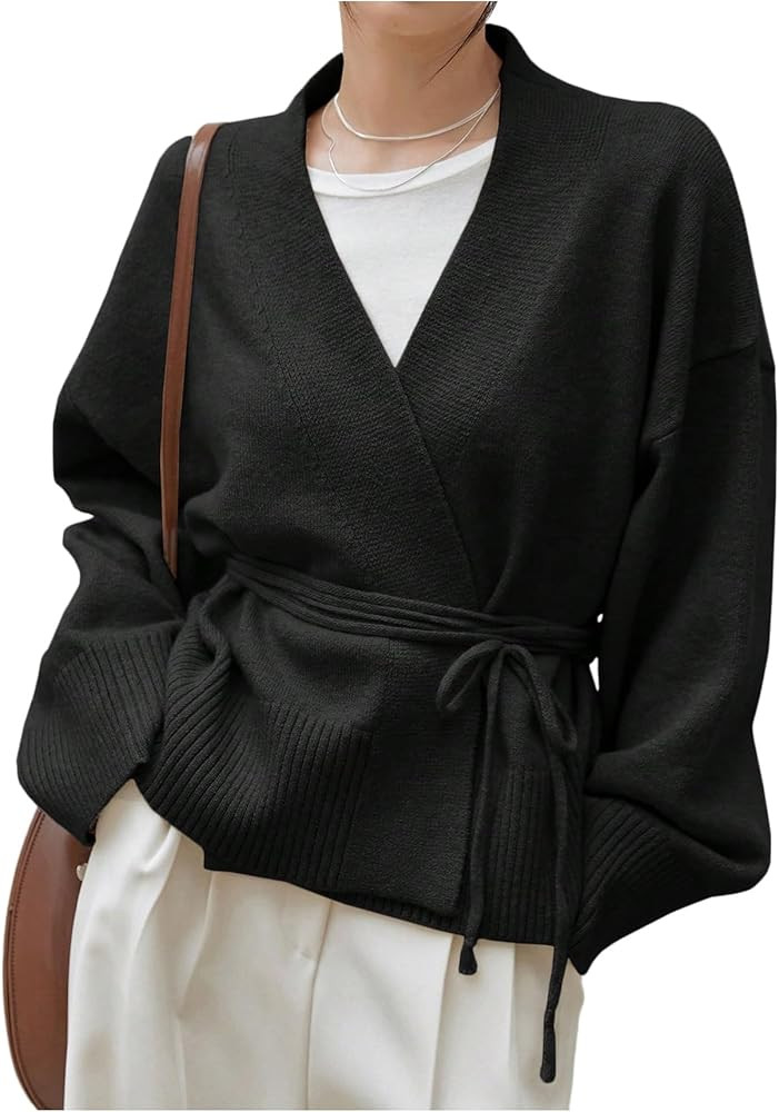 WDIRARA Women's Wrap V Neck Long Sleeve Tie Front Belted Cardigan Casual Sweater | Amazon (US)