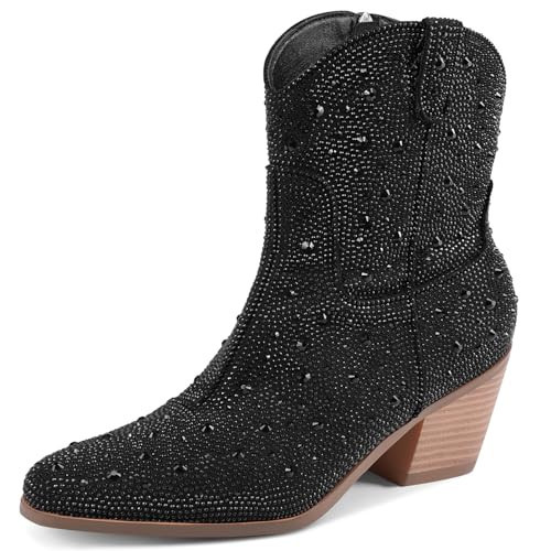 RONILURN Cowgirl Ankle Boots Cowboy Boots for Women Western Booties Rhinestone Chunky Heel Fashion Comfortable Side Zipper | Amazon (US)