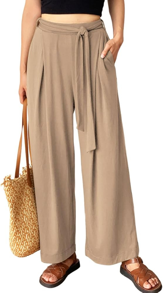 Women's Wide Leg Pants High Waisted Adjustable Tie Knot Yoga Sweatpants Comfy Lounge Pajama Flowy... | Amazon (US)