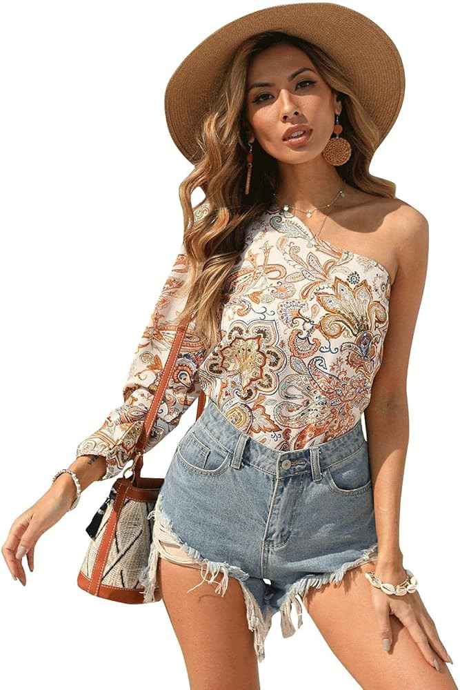 Floerns Women's Long Sleeve Paisley Floral Print One Shoulder Blouse Tops | Amazon (US)