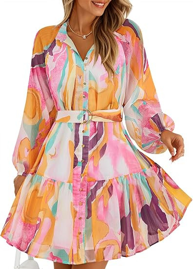 ZESICA Womens Spring Summer Floral Mini Dress Long Sleeve Button Chiffon A Line Swing Short Weddi... | Amazon (US)