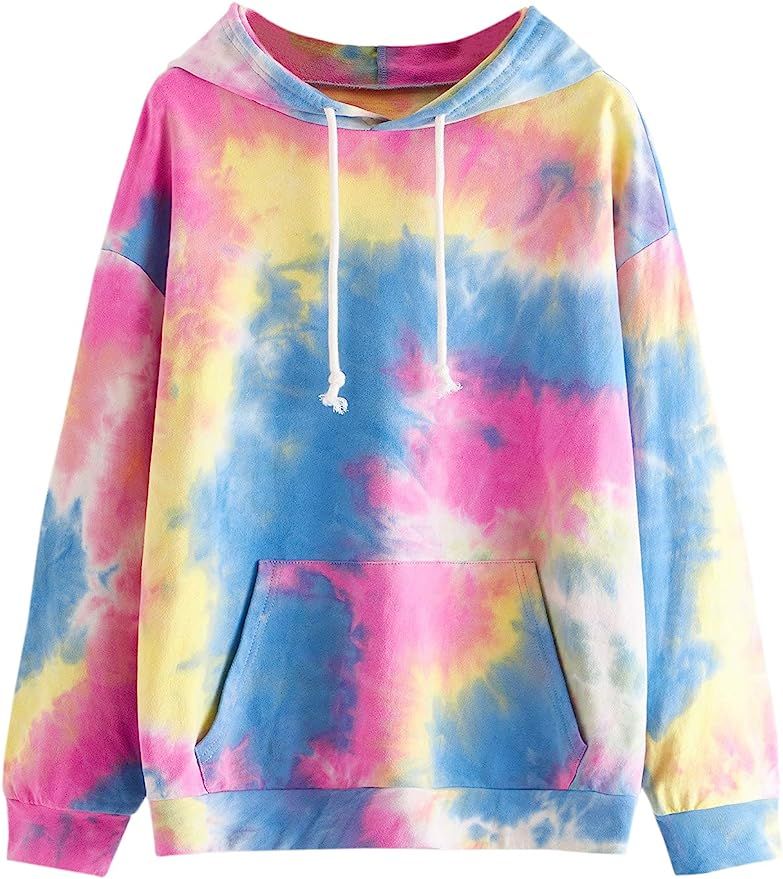 SweatyRocks Women's Long Sleeve Hoodie Sweatshirt Colorblock Tie Dye Print Tops | Amazon (US)