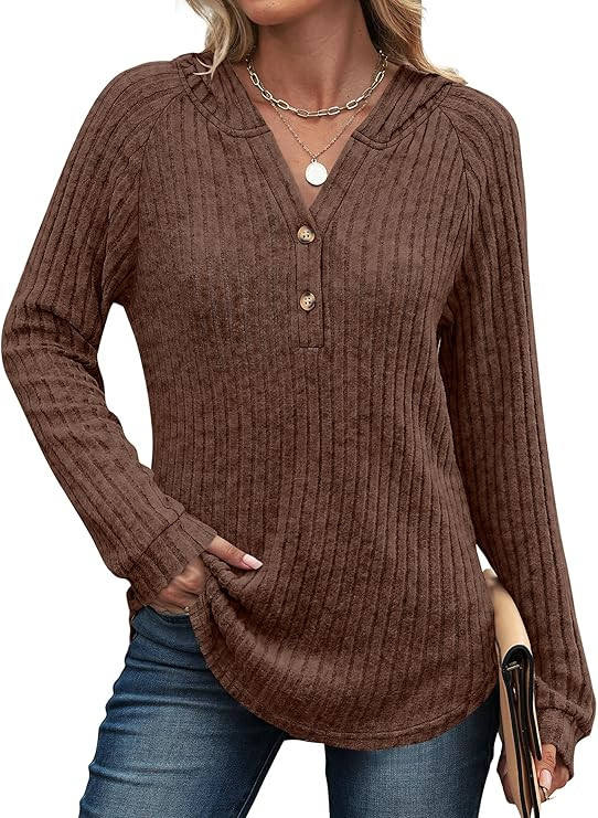 ANRABESS Womens Long Sleeve Henley Tops Ribbed Knit Hoodie Shirts 2025 Fall Loose Fit Lightweight... | Amazon (US)