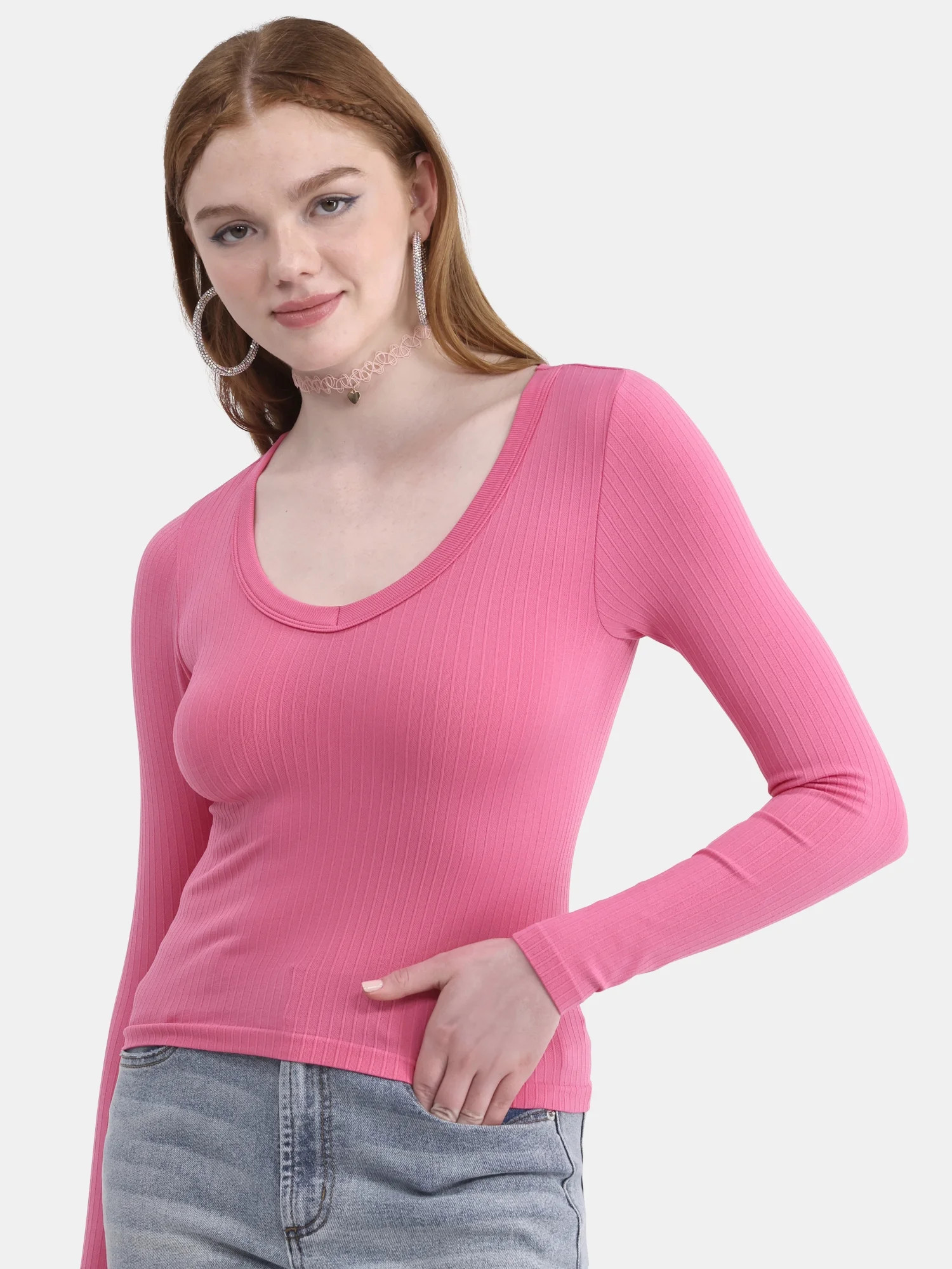 No Boundaries Seamless V-Neck Top with Long Sleeves, Women's - Walmart.com | Walmart (US)
