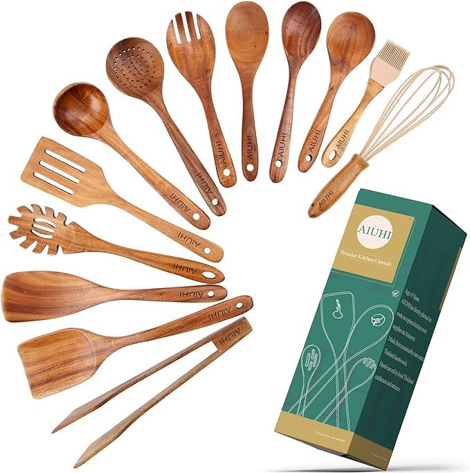13 pcs Wooden Utensils Teak Wood Kitchen Wooden Spoons for Cooking,Spatula Set with Wooden Spoon ... | Amazon (US)