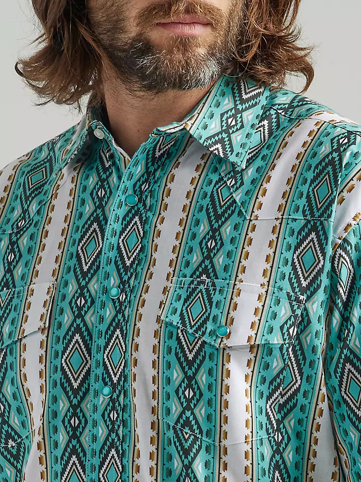 Men's Checotah® Long Sleeve Western Snap Printed Shirt in Turquoise | Wrangler