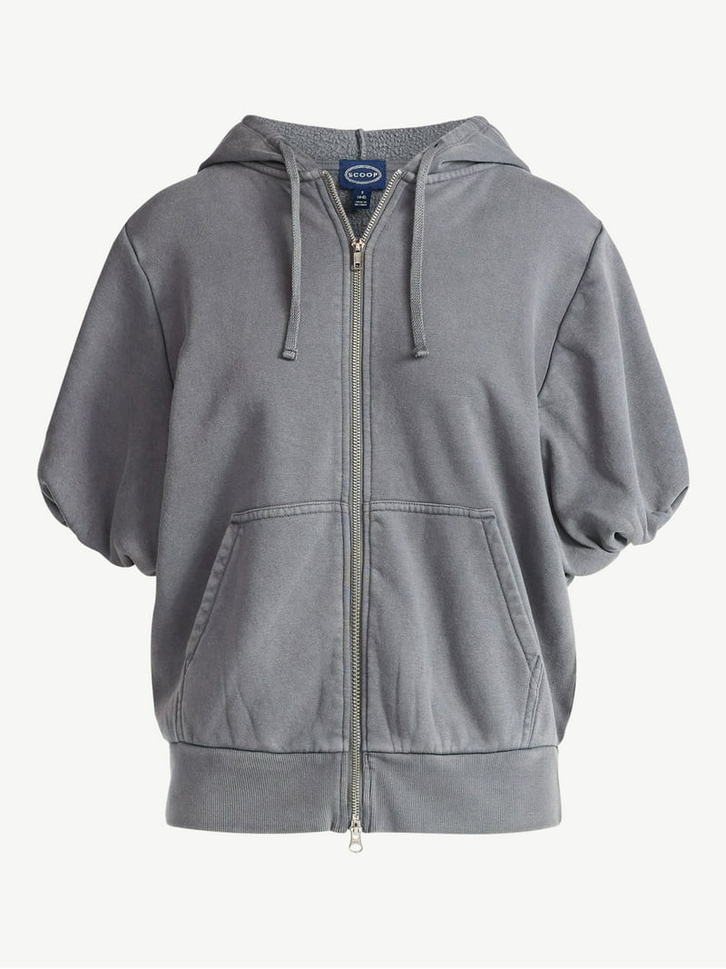 Scoop Women’s Mineral Washed Zip Hoodie with Short Puff Sleeves, Sizes XS-XXL | Walmart (US)