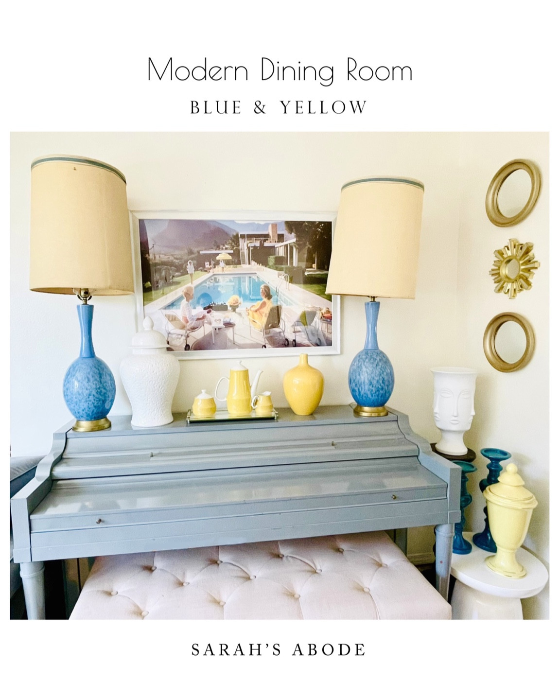 Blue and yellow Mid Century Modern dining room! Throwback to the 50s and 60s! 

#amazonfinds
Vintage lamps. Retro. Mcm. Oversized lamps. Geometric rug. Slims Aaron. Palm Springs look  

 

#LTKHome #LTKFamily #LTKSaleAlert