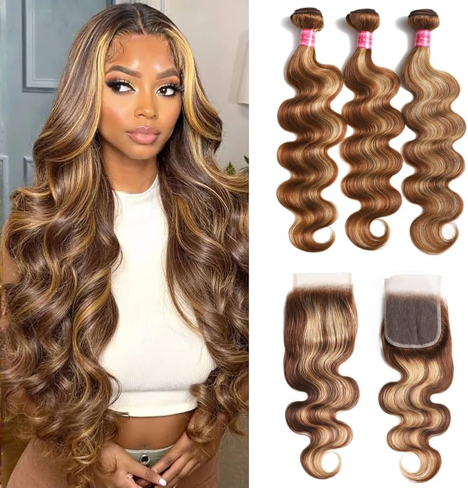 Beautymoon Ombre Body Wave Bundles with Closure （18 20 22+16 Inch) 100% Unprocessed Highlight H... | Amazon (US)