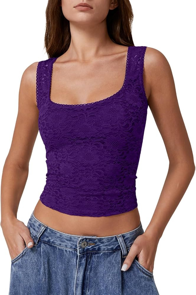 QINSEN Womens Lace Trim Square Neck Sleeveless Tank Tops Double-Layer Slim Fit T Shirt Crop Tops | Amazon (US)