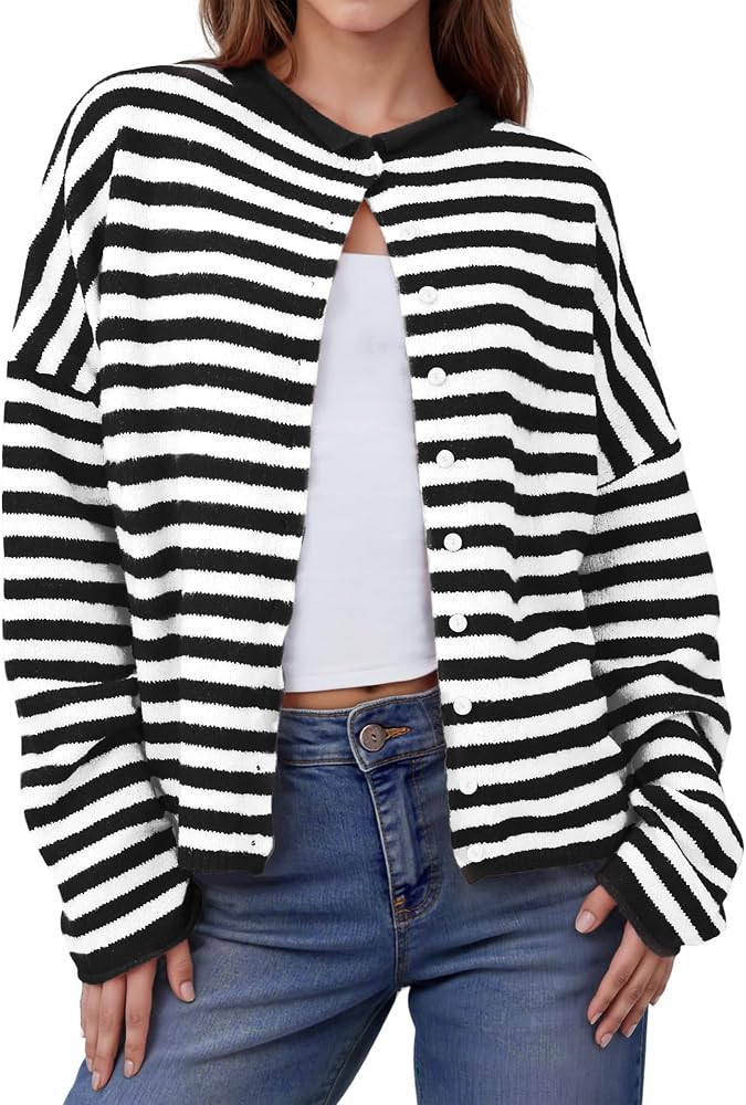 Womens Striped Button Up Cardigan Sweaters Long Sleeve Cozy Knit Tops | Amazon (US)