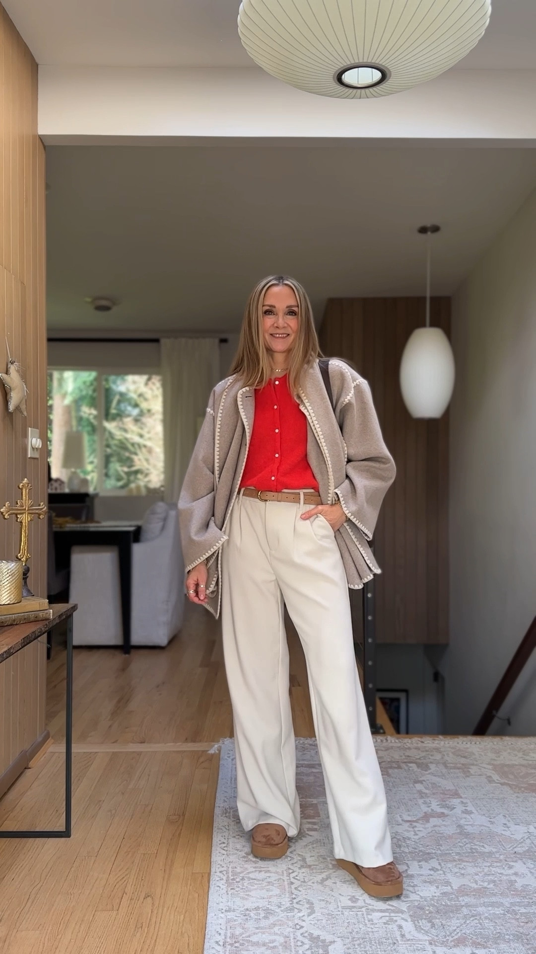 Casual day with a Christmas pop🎄 Quince scarf coat with the best under $30 trousers from Kohls. Sezane red cardigan and affordable platform slides that are so comfy!

#LTKOver40 #LTKootd #LTKFindsUnder50