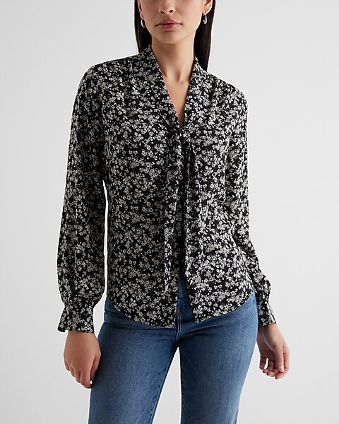 Floral Tie Neck Slim Portofino Shirt | Express