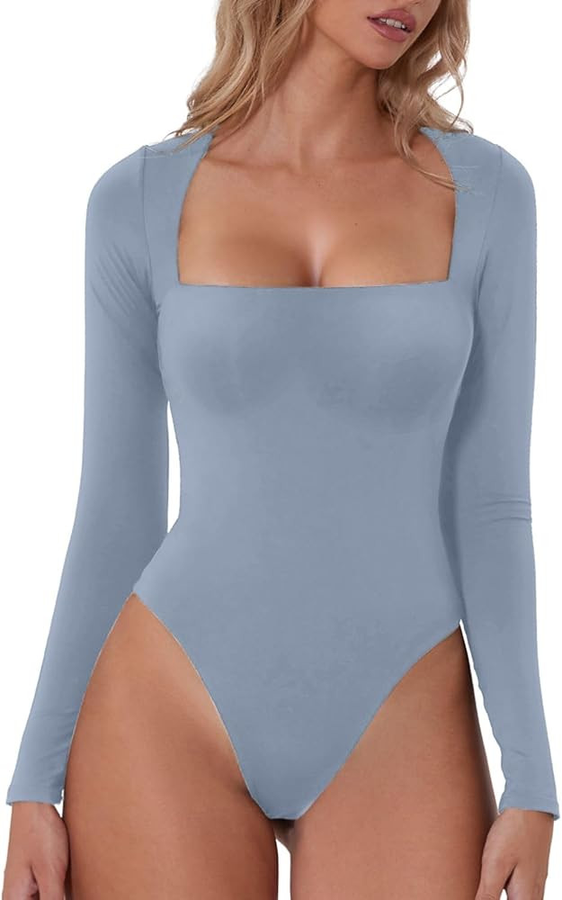 QINSEN Women's Sexy Square Neck Bodysuit Long Sleeve Double Lined Shirt Tops | Amazon (US)